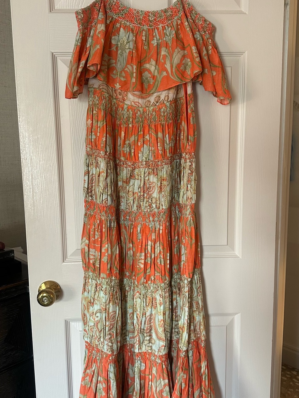 Alice + Olivia Orange and Cream Off-Shoulder Floral Maxi Dress